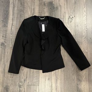 NWT White House Black Market, Black ruffle trim blazer, size 14.